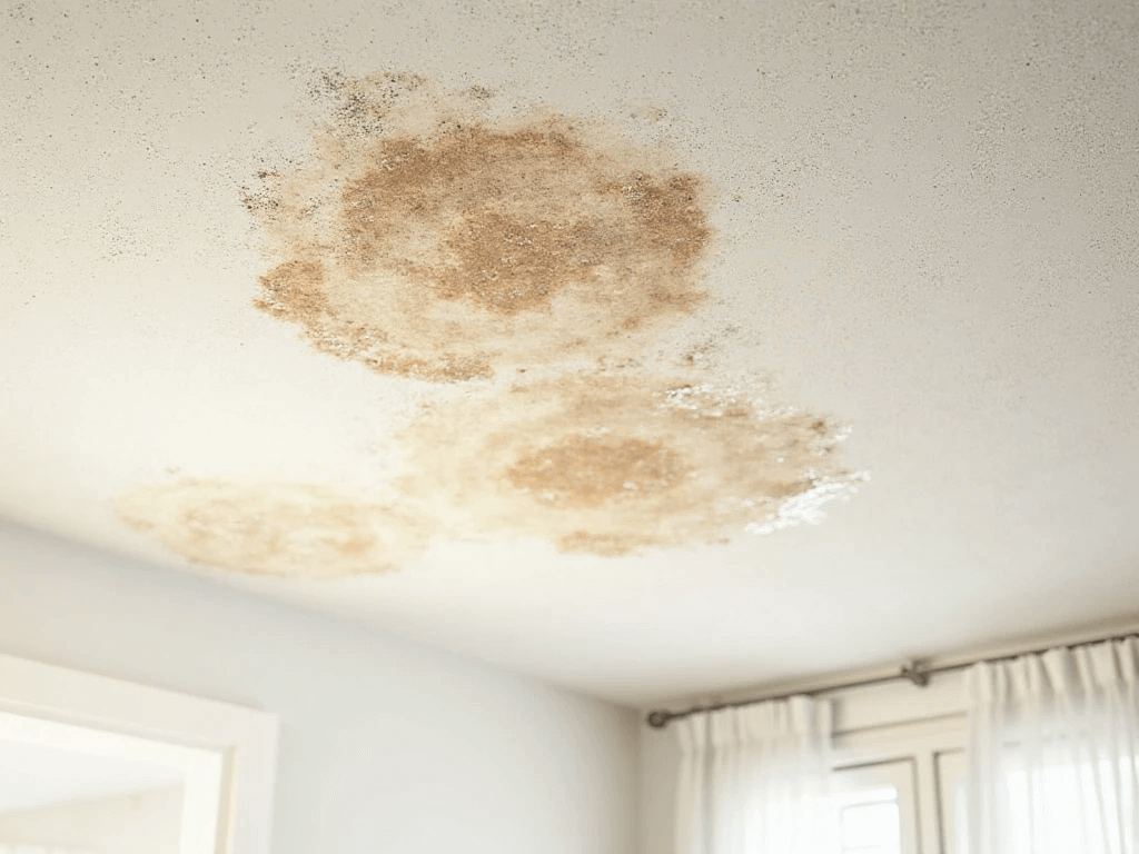 Roofix NY showing stain on ceiling due to damage roof