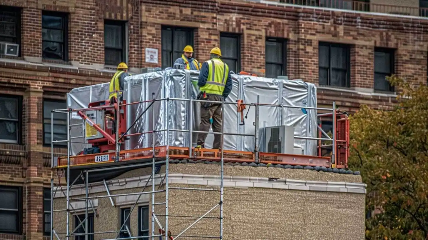 Group of roofers working on a commercial business roofing