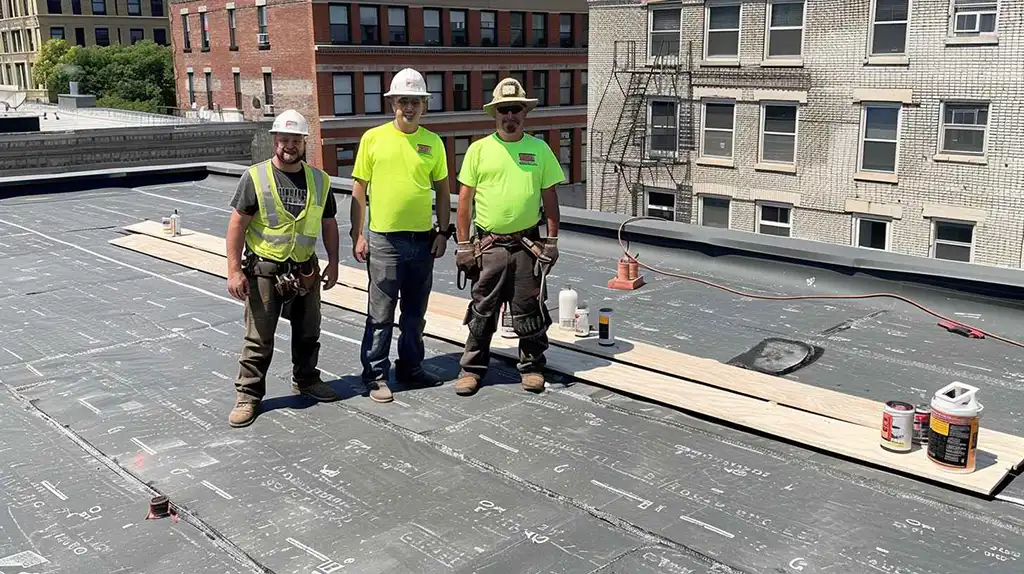 image of roofers siting and smiling on commercial flat roofing